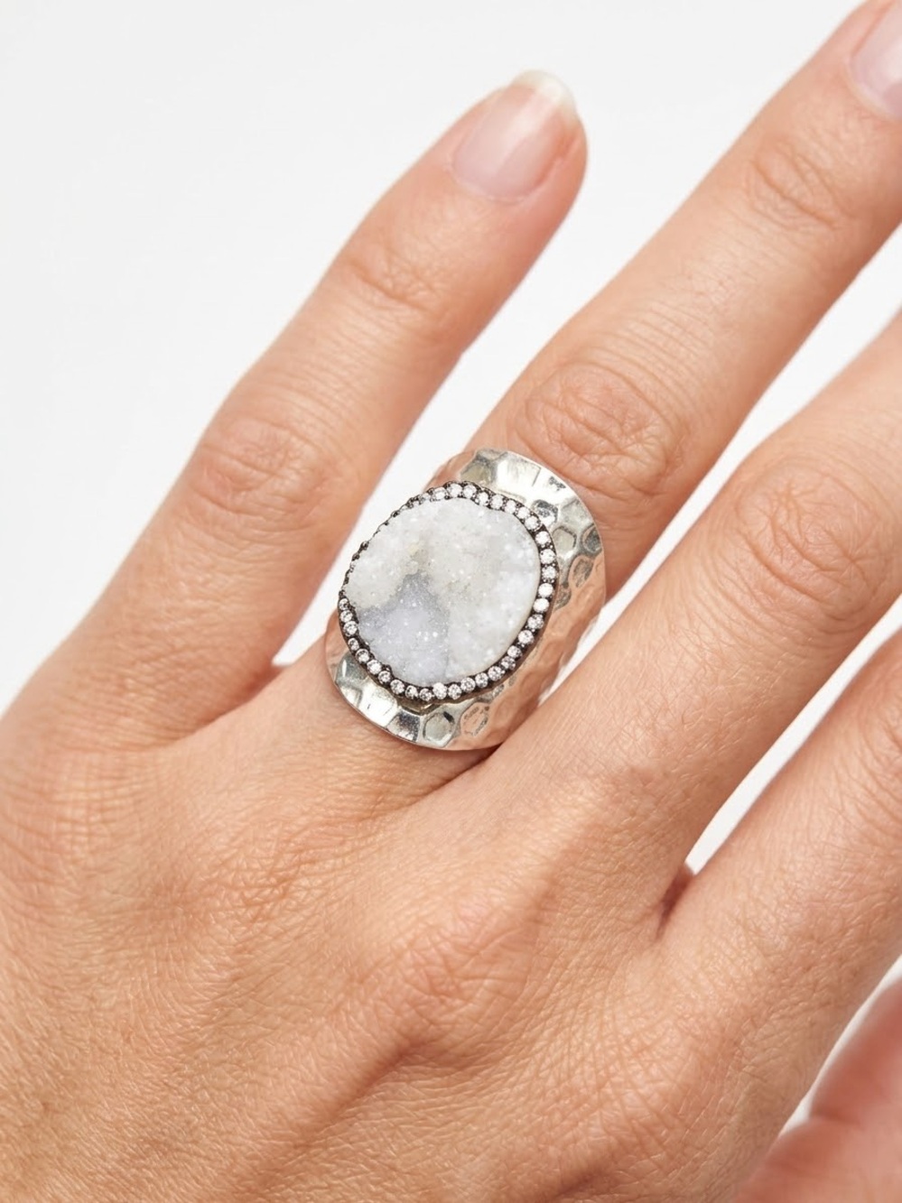 Silver White Druzy Statement Ring Adjustable